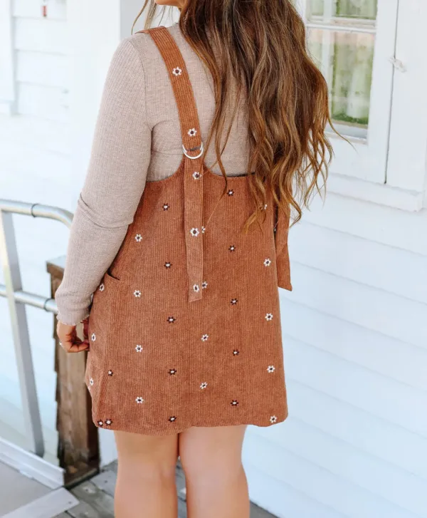 Flame Flower Embroidered Corduroy Overall Mini Dress