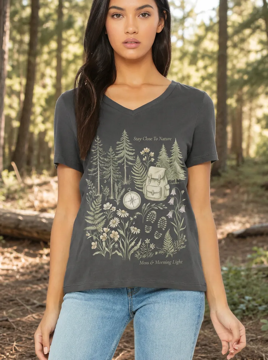Women's Hiking Nature Lover Backpack Compass Printed V-neck T-shirt