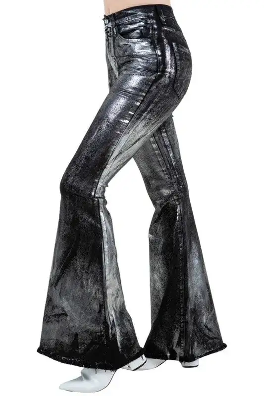 High Rise Bell Bottom Western Style Frayed Hem Denim Jeans