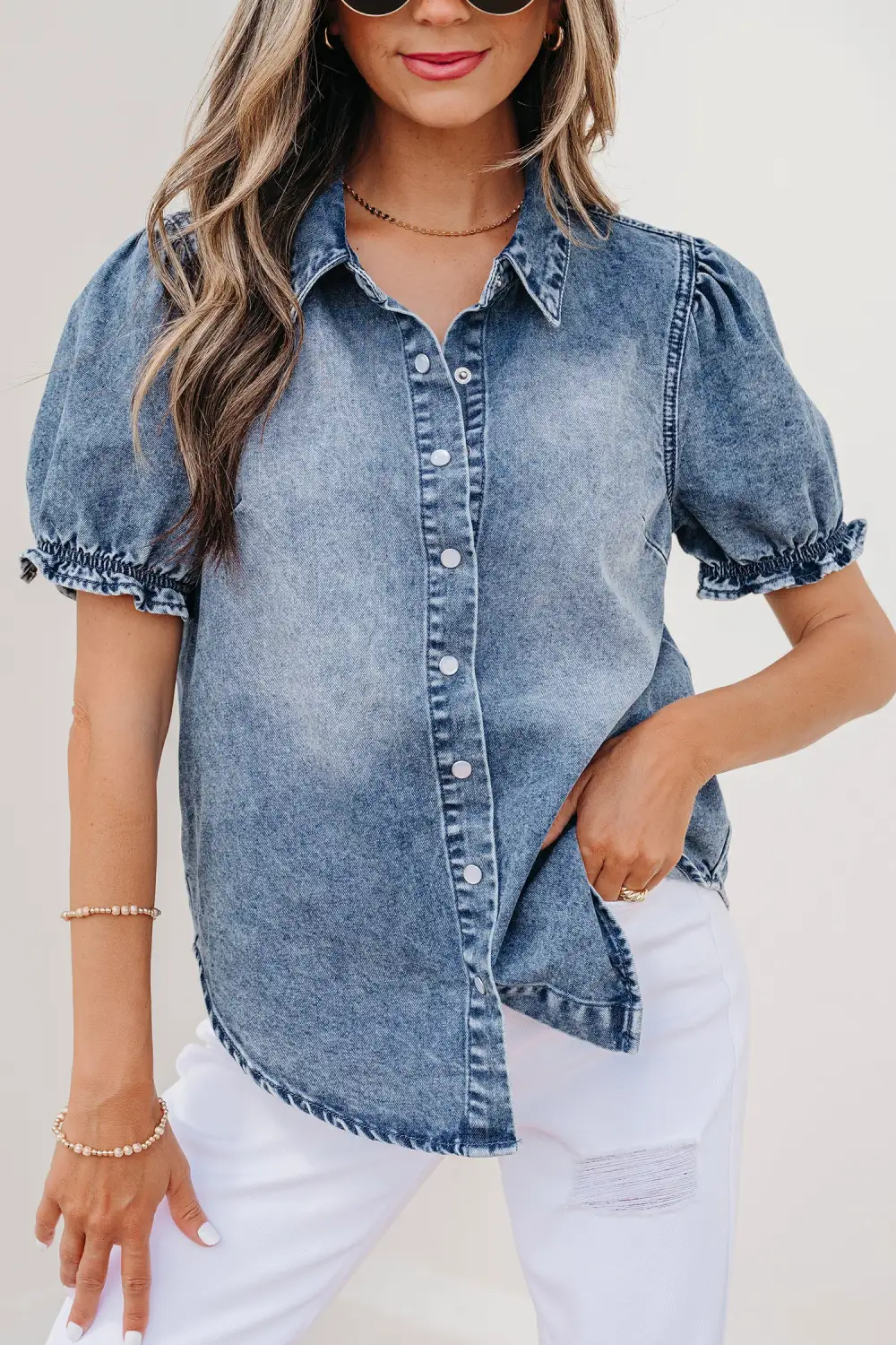 Frilled Button Front Short Sleeve Shirt Blouse