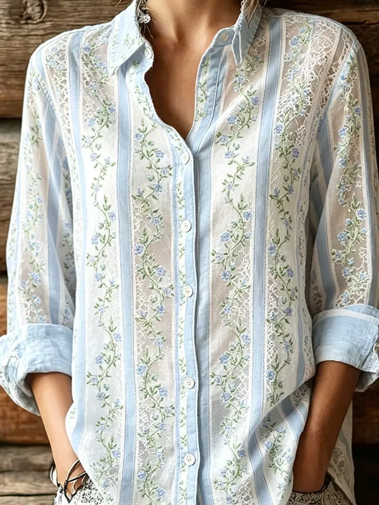 Plant Flower Stripe Pattern Design For Casual Linen Shirt