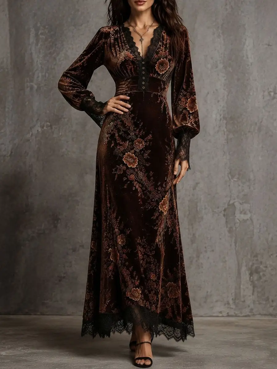 Vintage Velvet Floral Lace V Neck Puff Sleeve Evening Dress