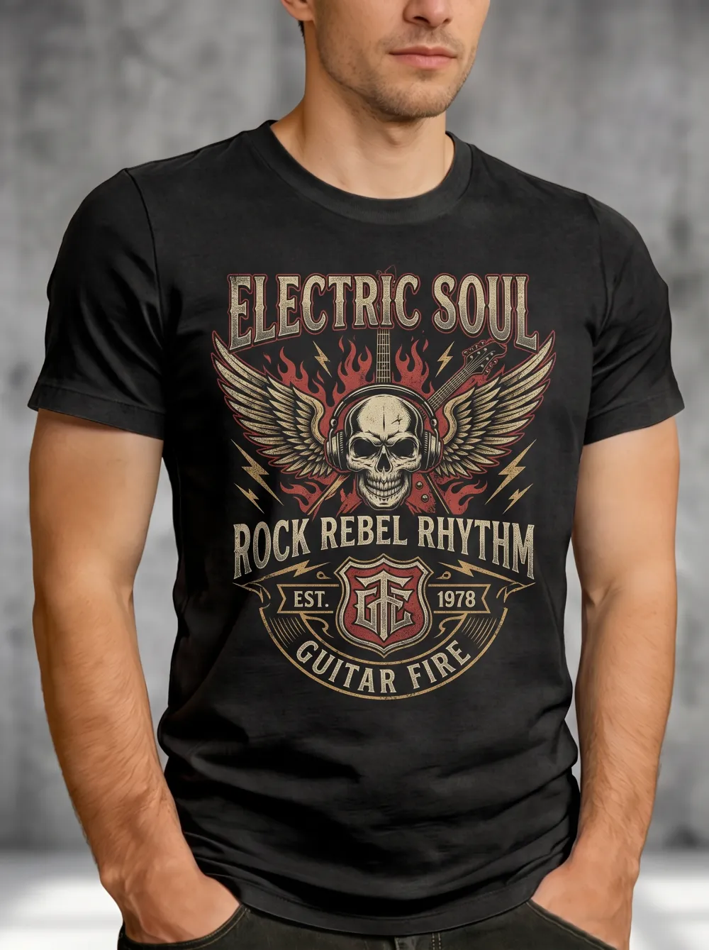 Men's Rock Music Skull Winged Guitar Printed T-shirt
