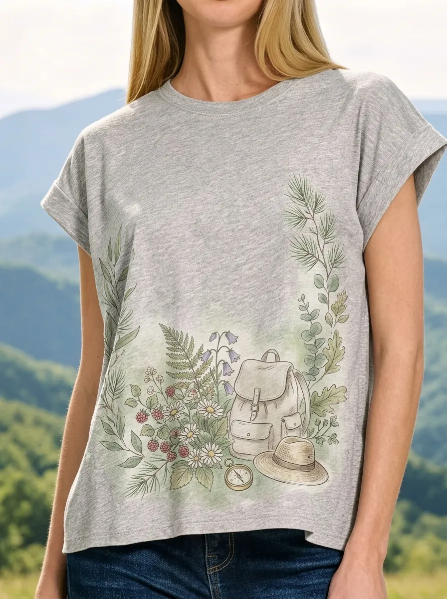 Women's Nature Hiking Backpack Compass Wildflower Printed T-shirt