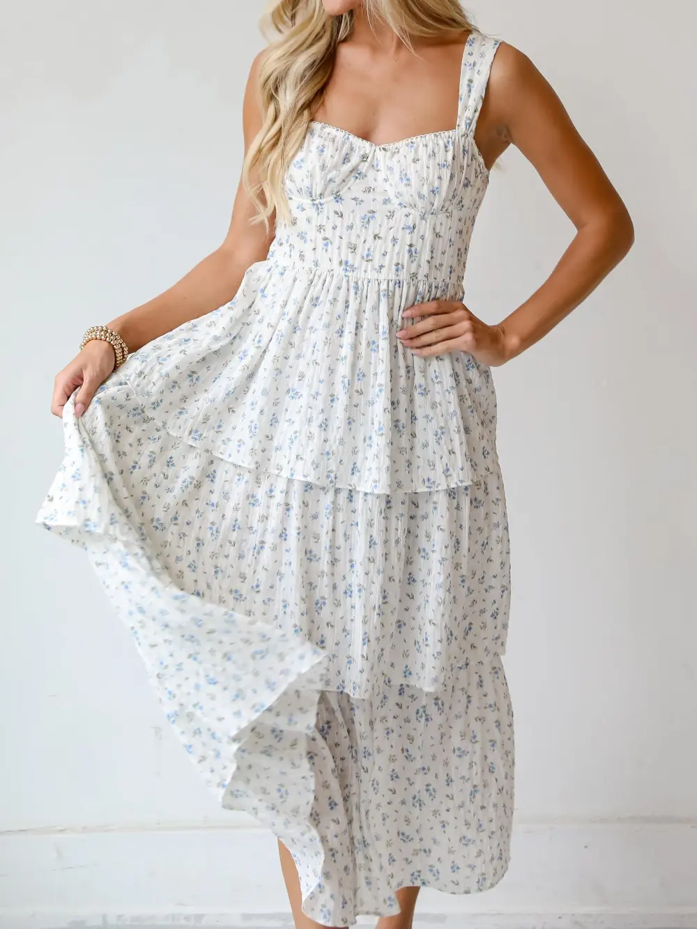 Ivory Floral Tiered Midi Dress
