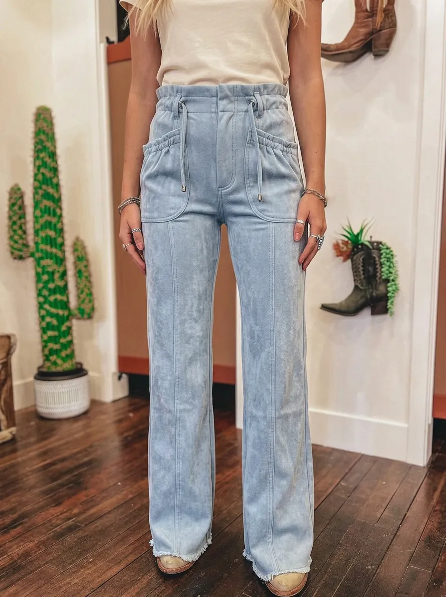 Women's Western Style Light Blue Faux Suede Drawstring Pants