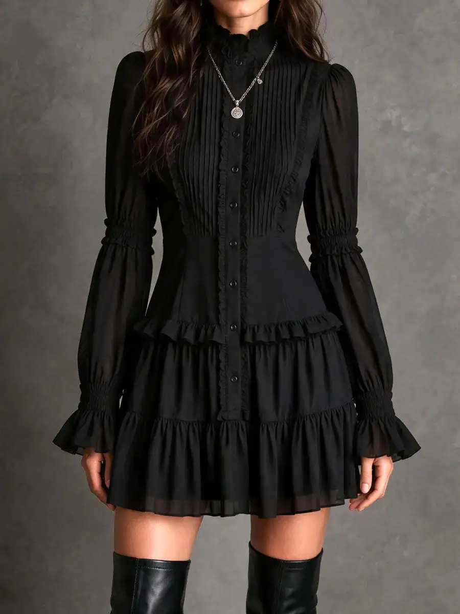 Gothic Frill Button Shirt Mini Dress With Flared Cuff