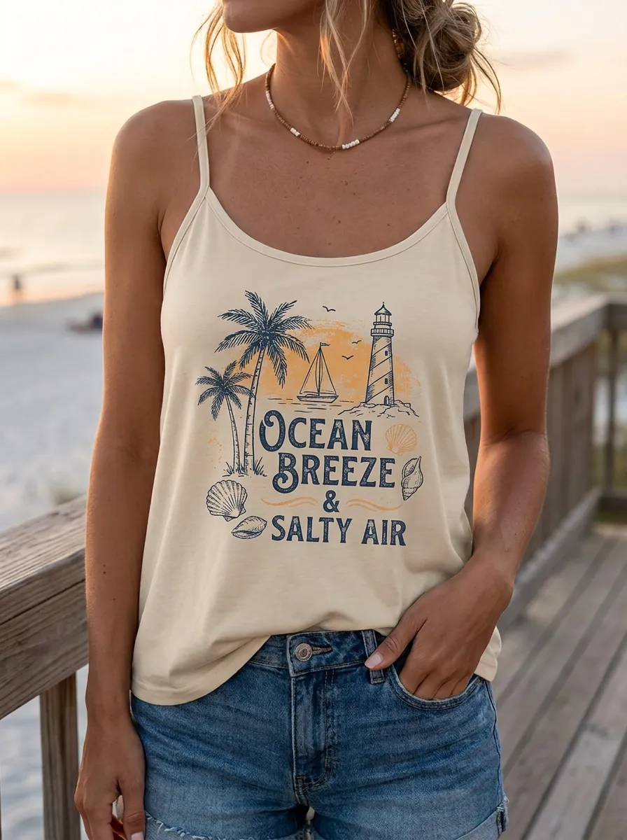 Women's Beach Lover Ocean Breeze Lighthouse Printed Tank Top