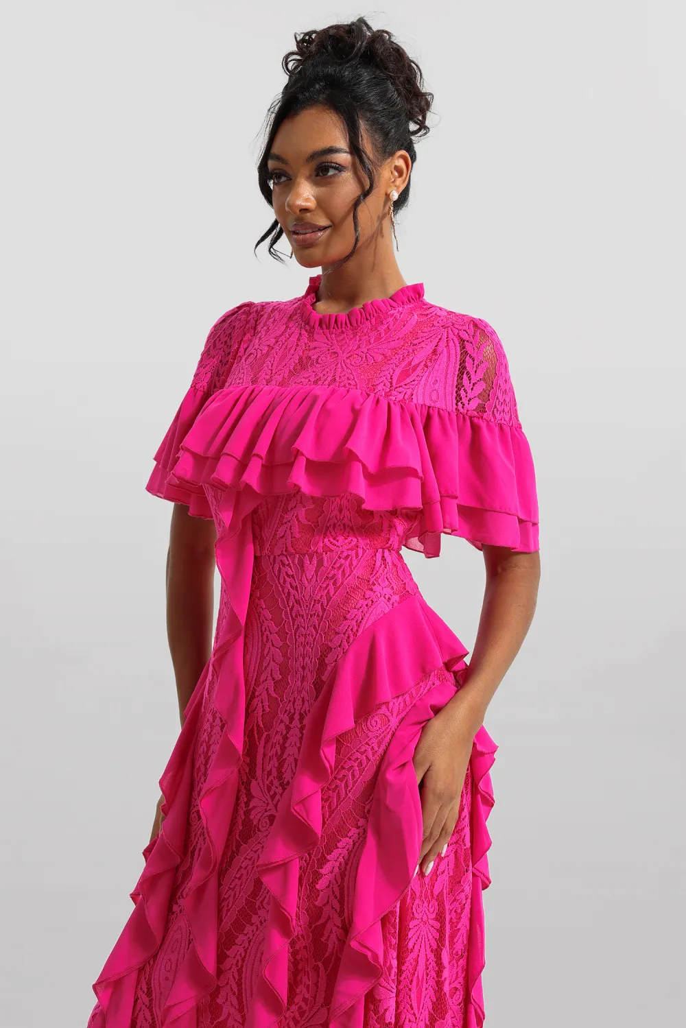 Solid Lace Frill Midi Dress