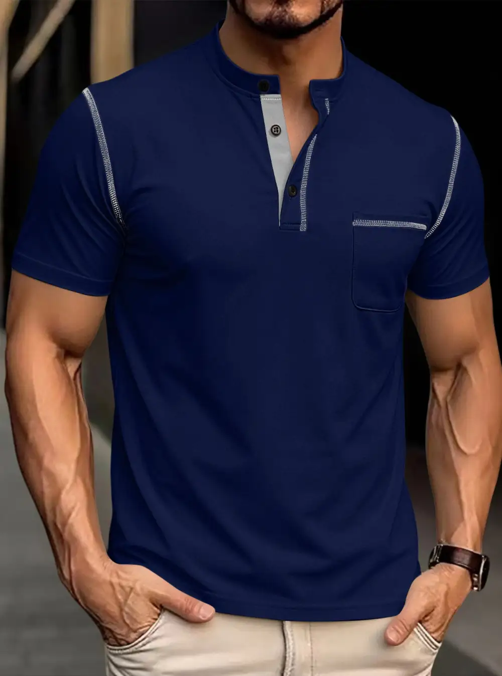 Men's Modern Short-Sleeve Henley With Stand Collar Contrast Stitching And Patch Chest Pocket