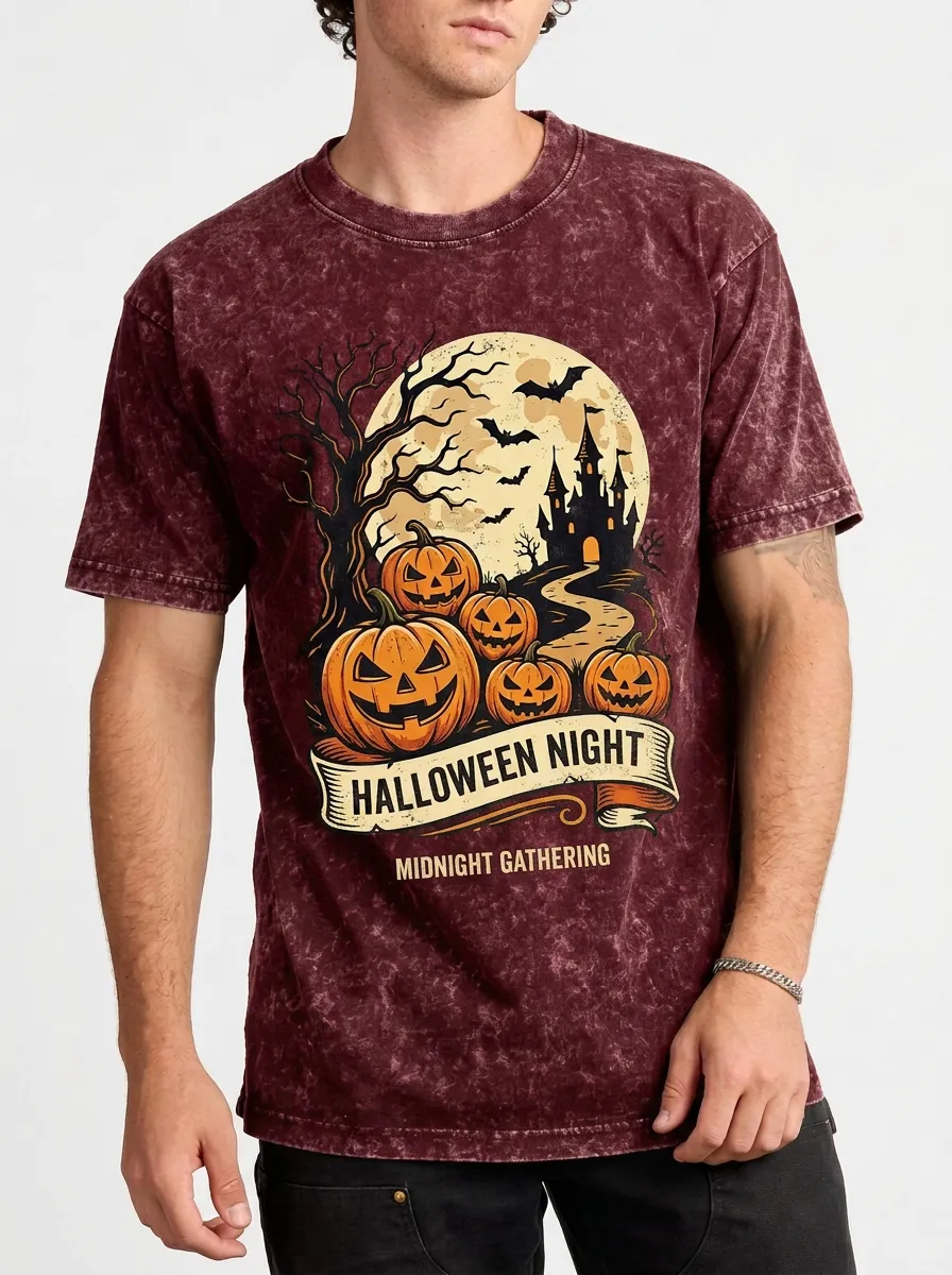 Men's Halloween Night Pumpkin Castle Moon Printed T-shirt