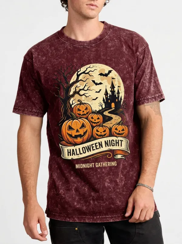 Men's Halloween Night Pumpkin Castle Moon Printed T-shirt
