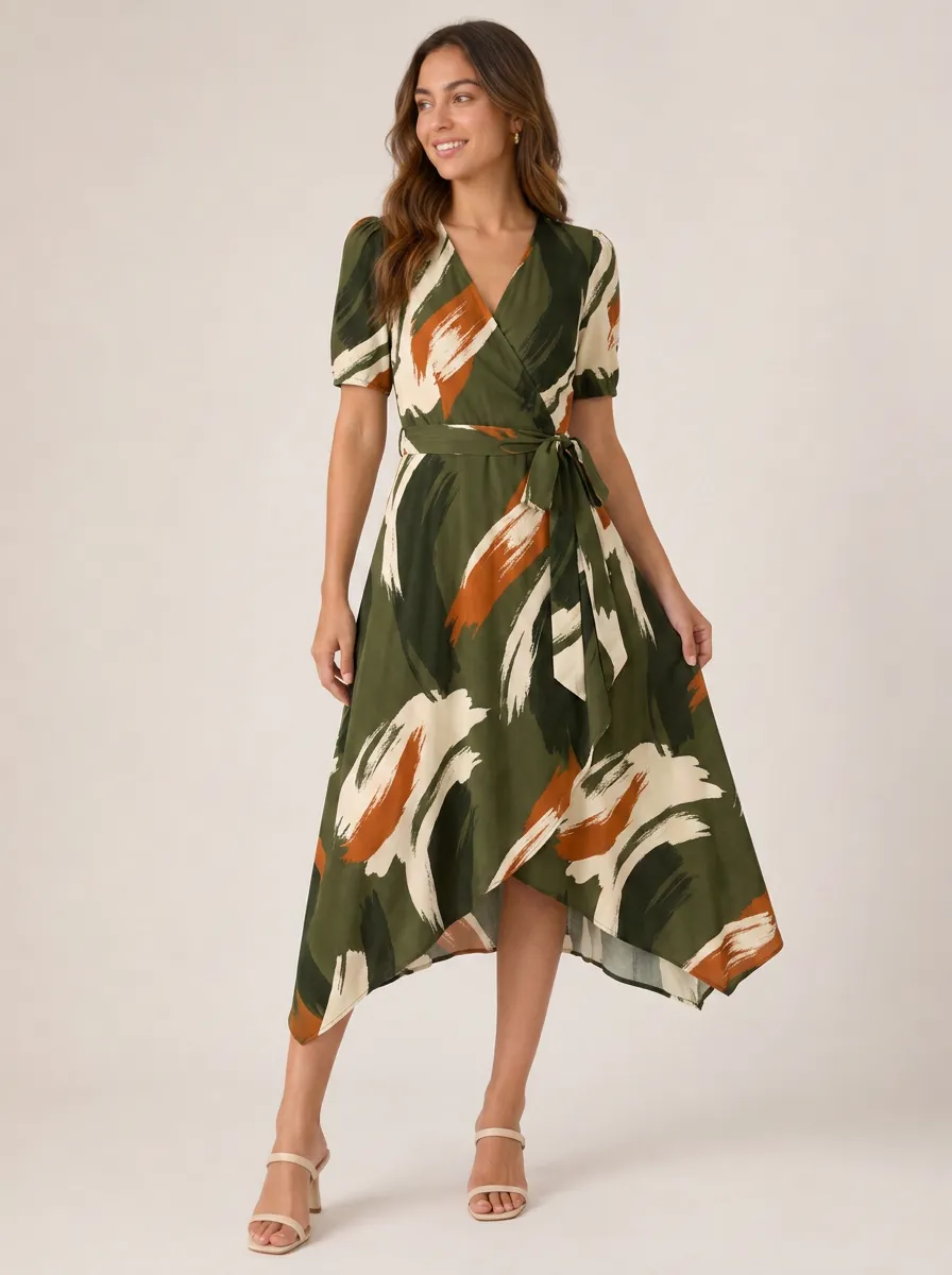 Women's Boho Style Olive Green Abstract Brushstroke Printed Wrap Dress