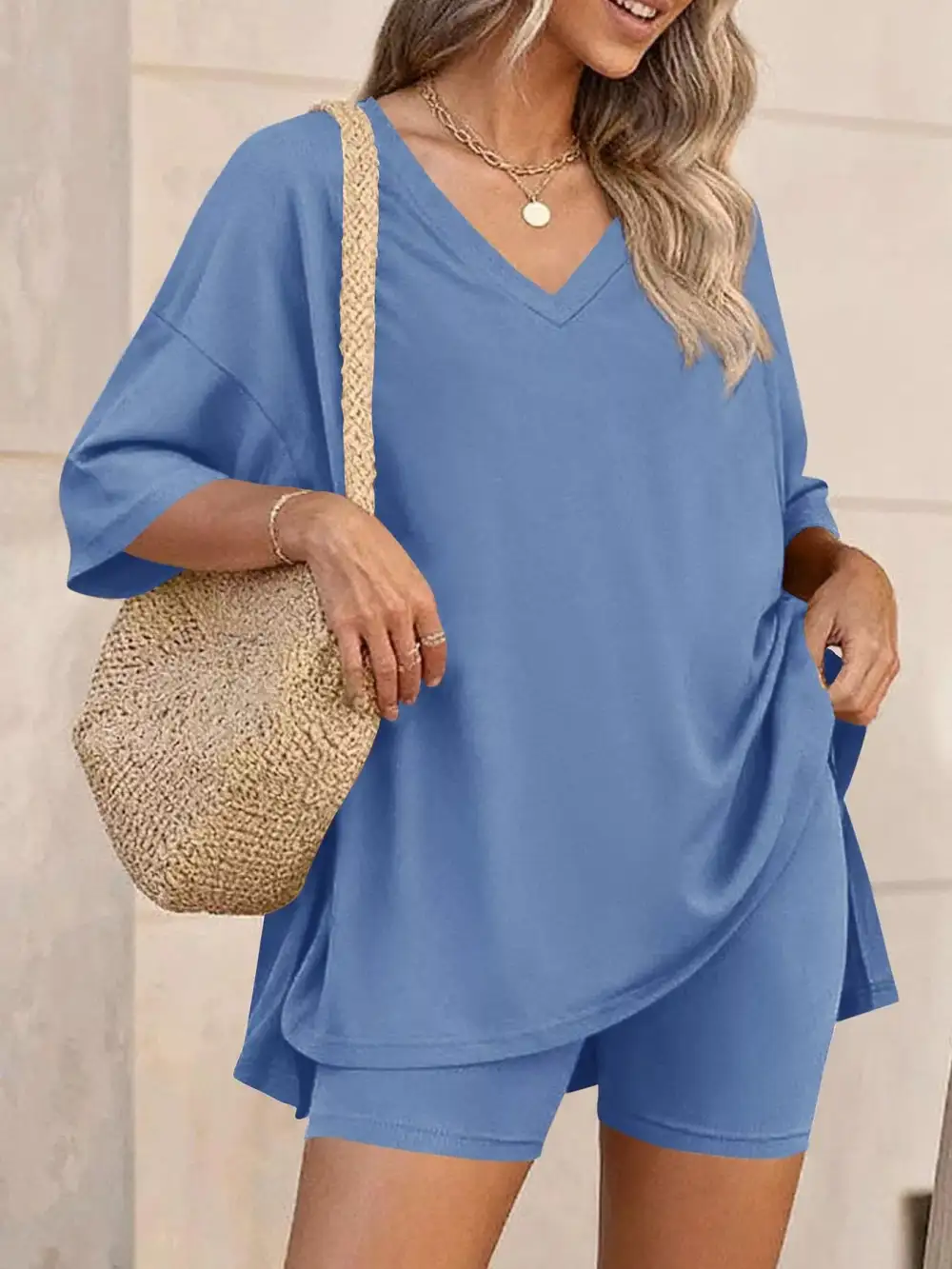 Casual Loose V Neck T Shirt Shorts Sets