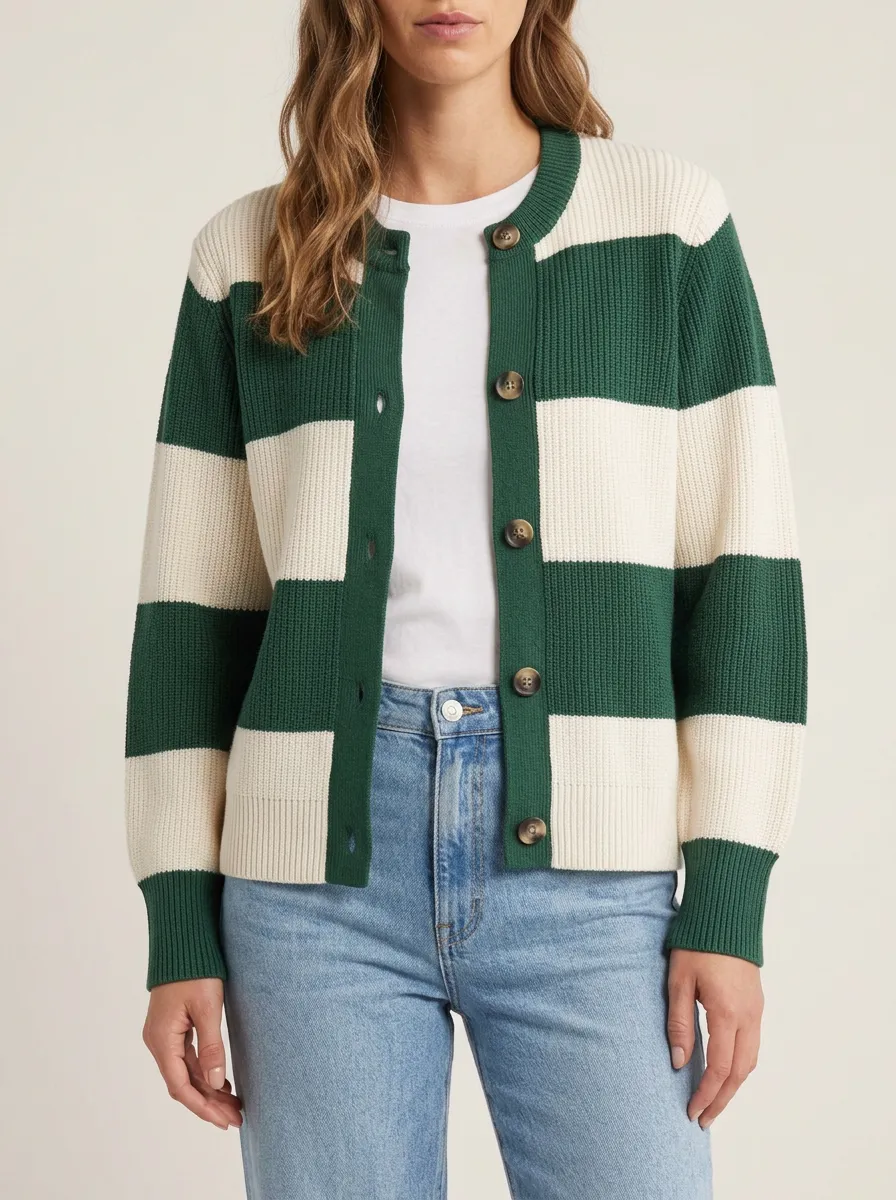 Classic Textured Distinctive Rugby Striped Knit Cardigan