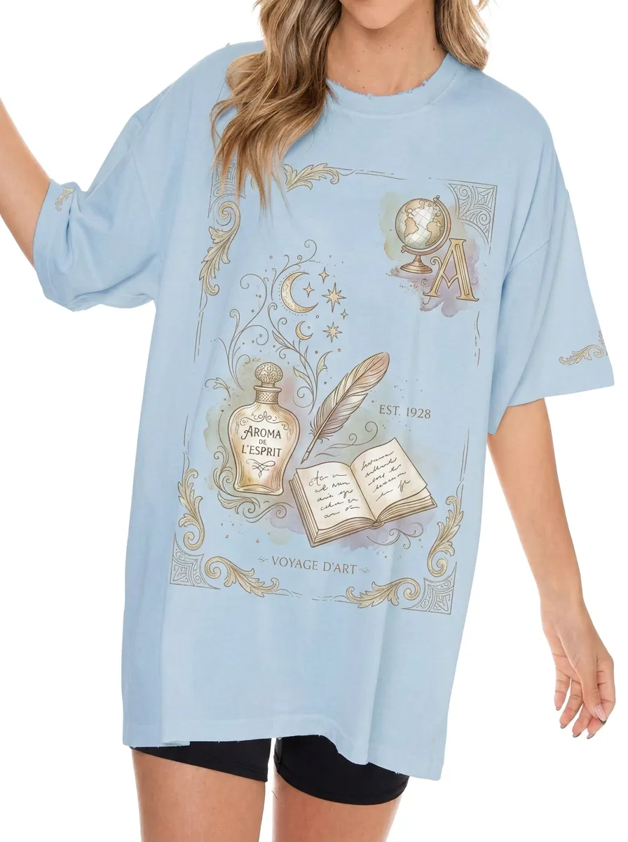 Women's Vintage Aesthetic Globe Book Perfume Printed T-shirt