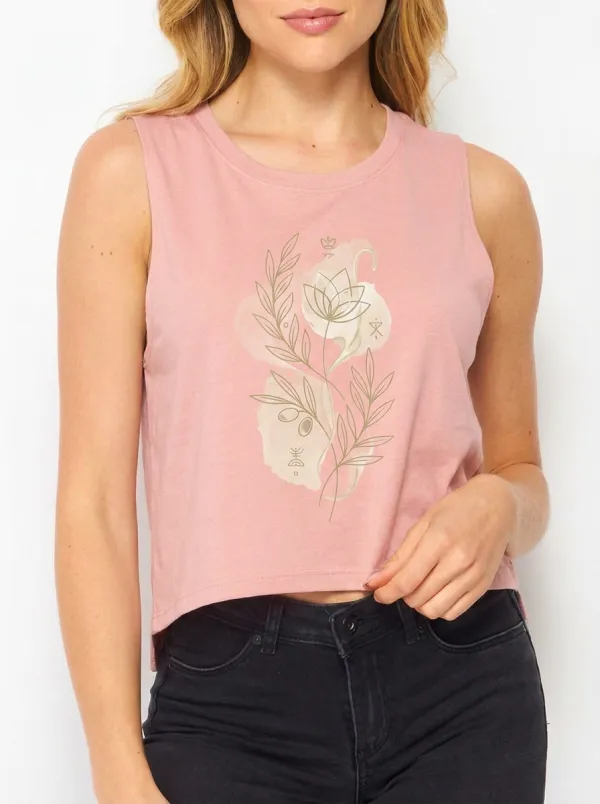 Women's Botanical Minimalist Floral Line Art Printed Crop Tank Top