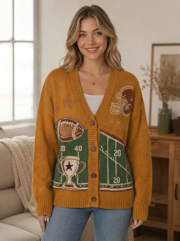 Women's Classic Everyday Gridiron Helmet Trophy Ball Knit Cardigan