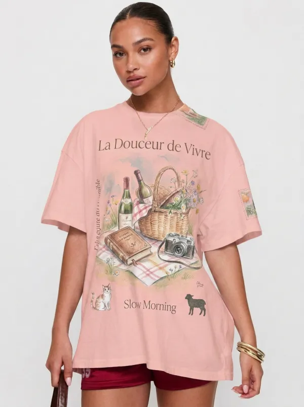 Women's Picnic Aesthetic Cat Wine Camera Printed T-shirt