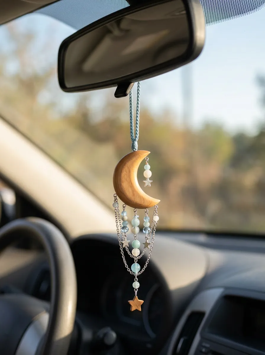 Beaded Moon-Star Wooden Rearview Mirror Hanging Ornament