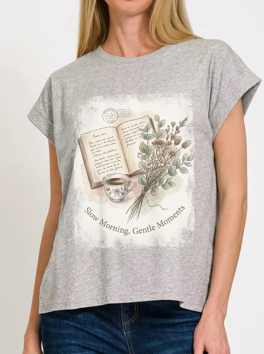 Women's Book Coffee Flower Lover Slow Morning Printed T-shirt