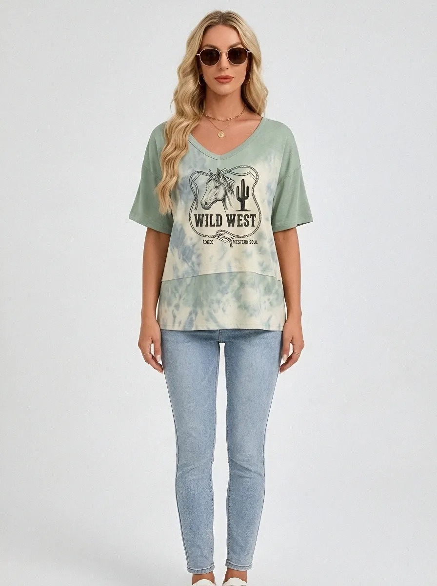 Women's Wild West Rodeo Horse Cactus Printed V-neck T-shirt