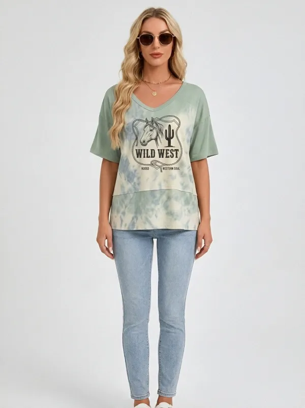 Women's Wild West Rodeo Horse Cactus Printed V-neck T-shirt