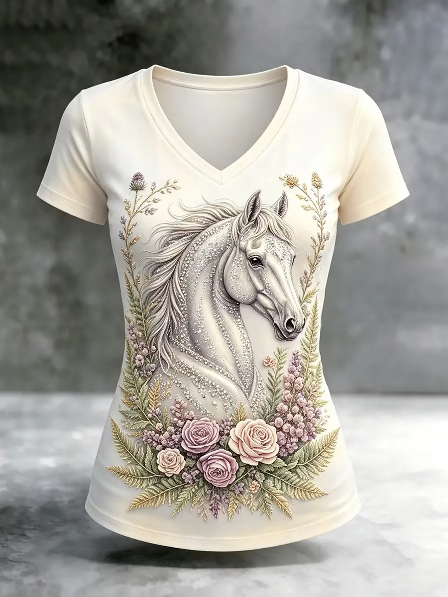 Women's Vintage Horse Art Print Casual V-Neck T-Shirt