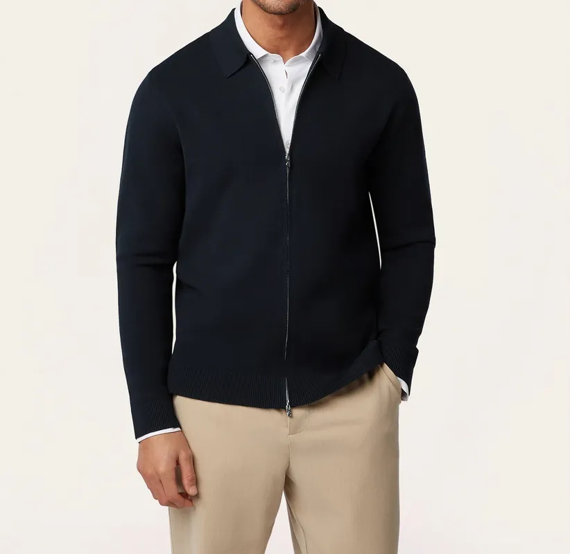 Full-Zip Jacquard Cardigan Navy