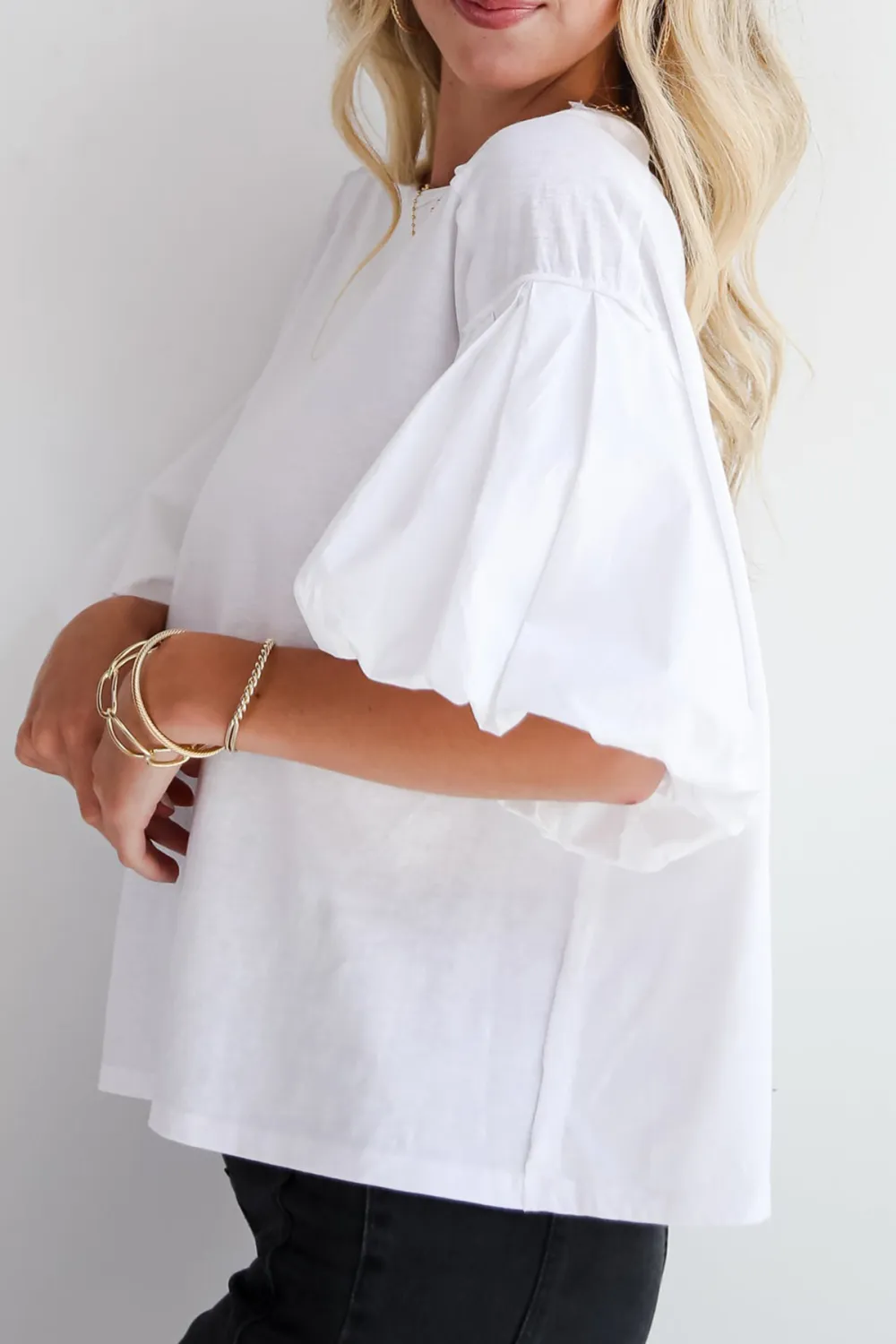 White Contrast Puff Sleeve Top