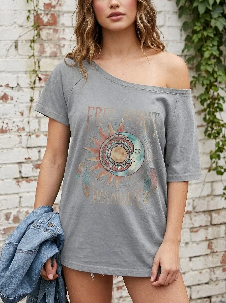 Women's Boho Free Spirit Sun Moon Feather Printed T-shirt
