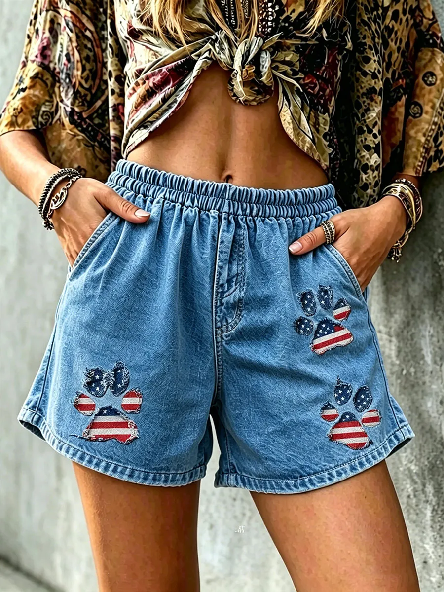 Women's American flag paw print shorts