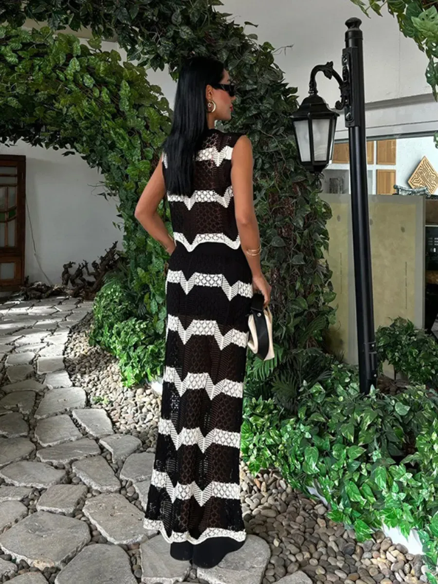Vanessa Sexy Striped Knit Beach Skirt Set