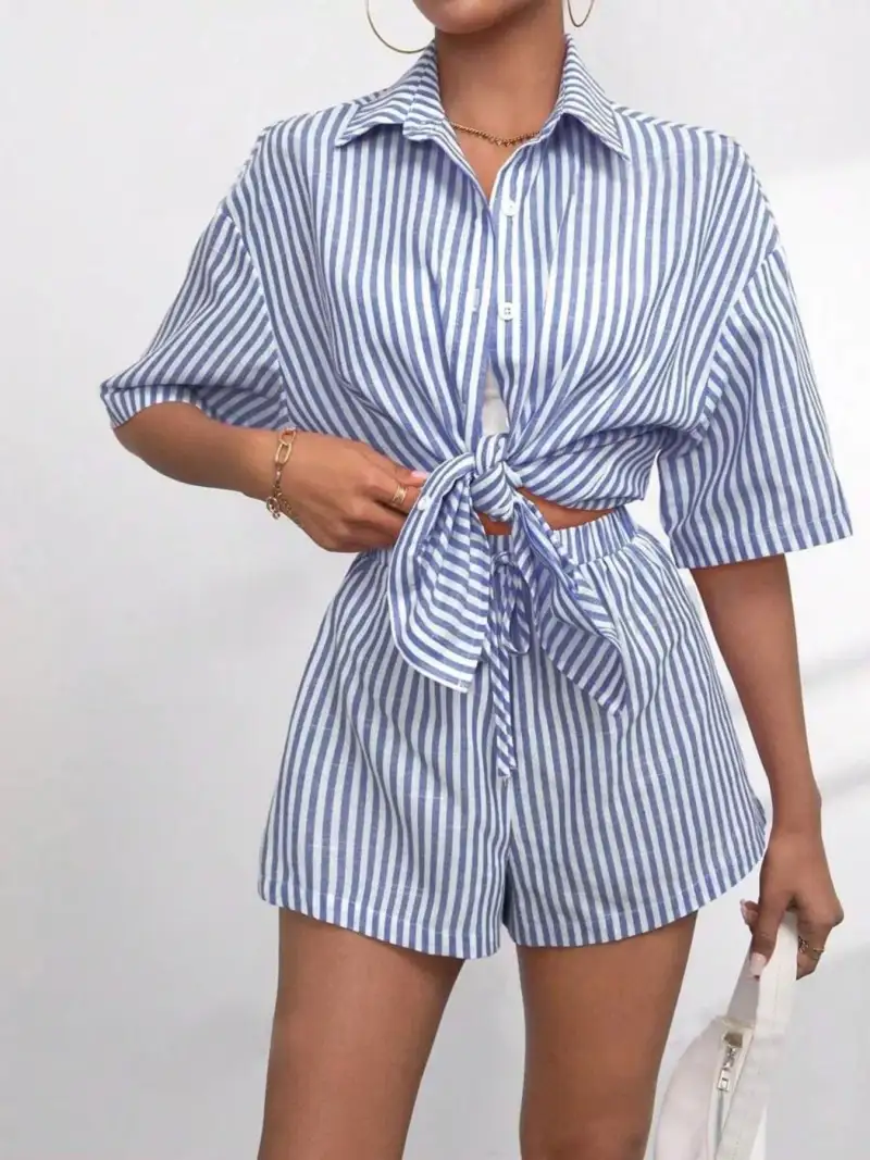 Refined Striped Shirt and Shorts Matching Set