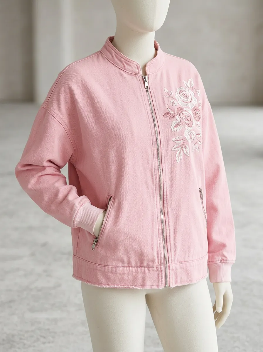 Women's Floral Aesthetic Pink Rose Embroidered Zip-up Bomber Jacket