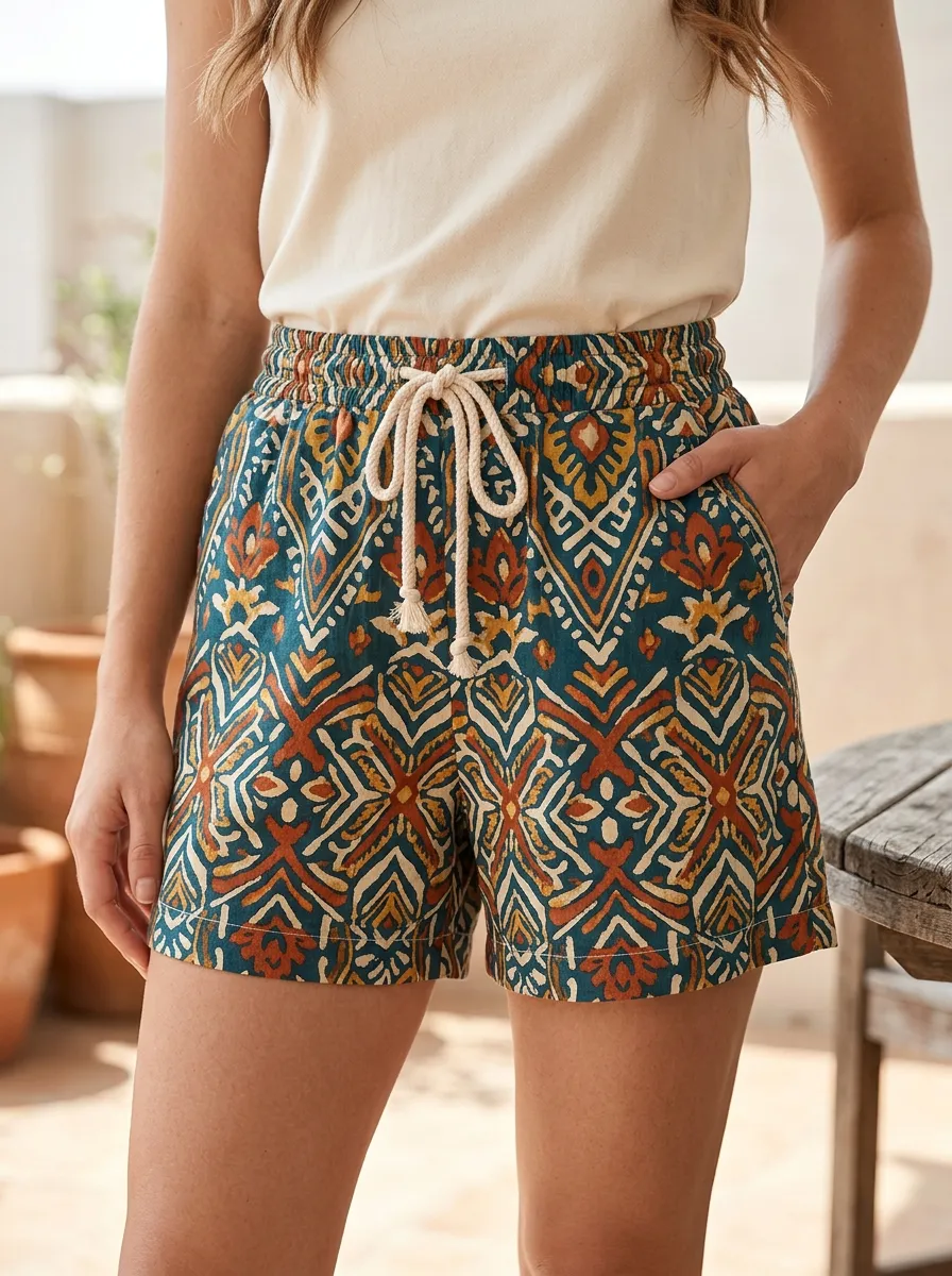 Women's Bohemian Tribal Pattern Rope Drawstring Printed Shorts