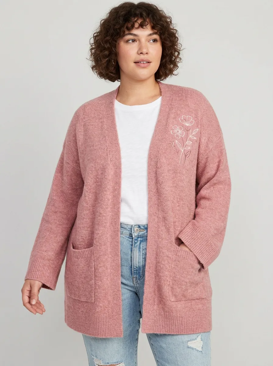 Pink Relaxed Floral Embroidered Cardigan