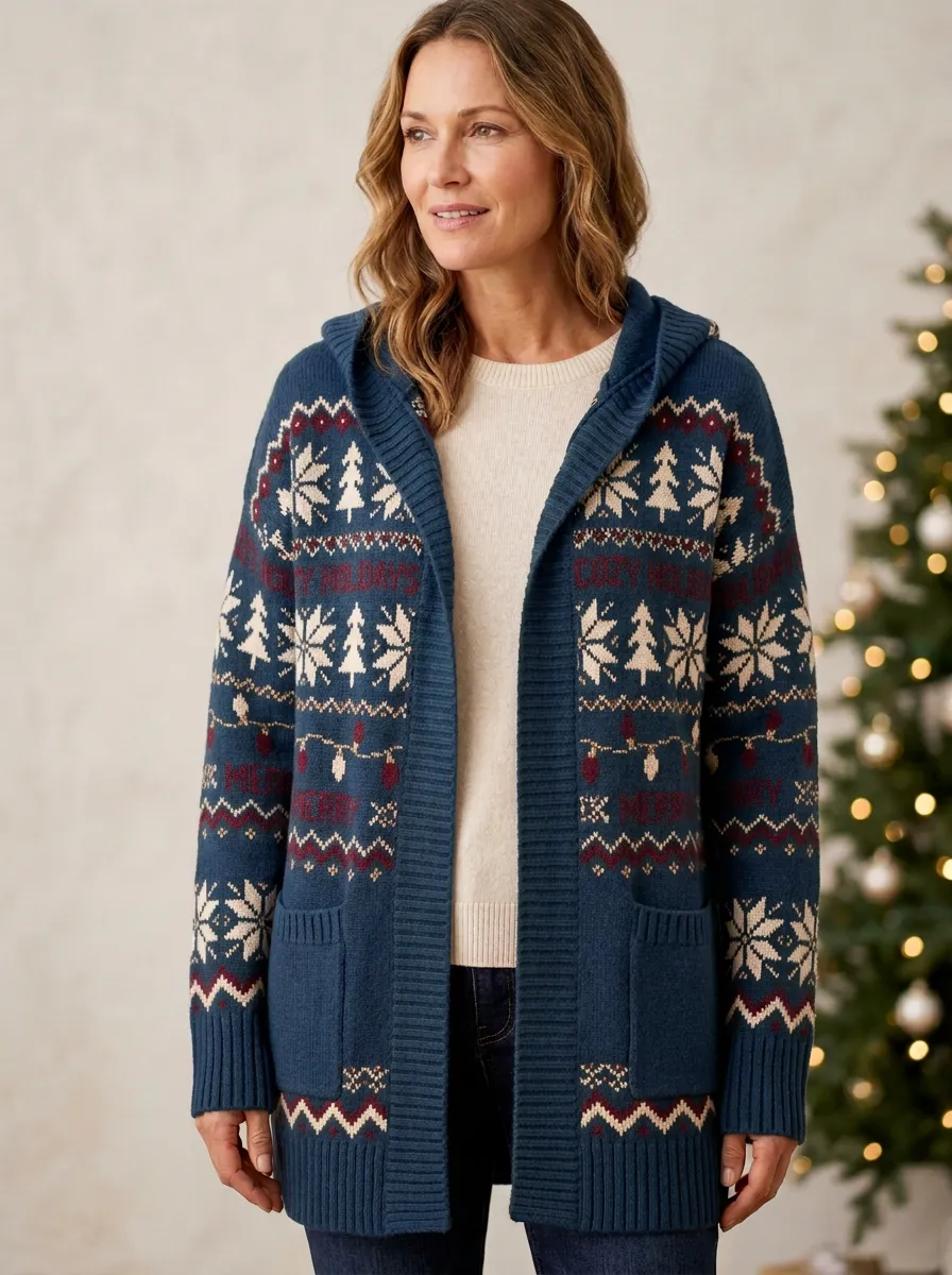 Christmas Cozy Holidays Snowflake Tree Pattern Print Hooded Cardigan