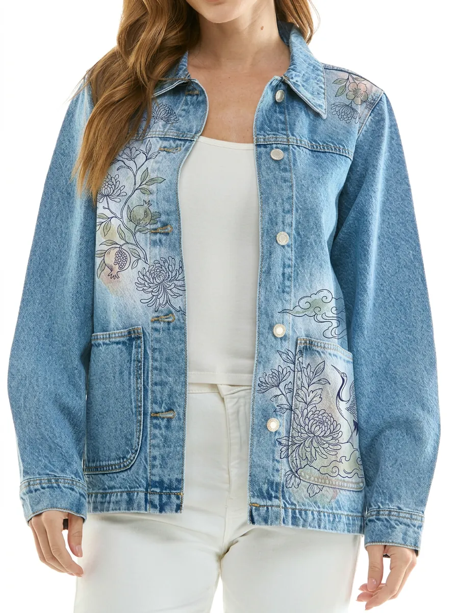 Women's Floral Crane Botanical Art Printed Denim Jacket
