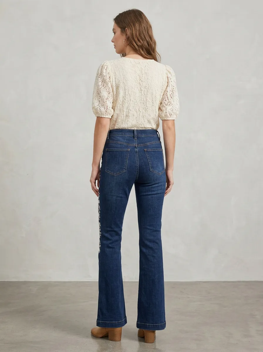 Women's Floral Embroidery High-Waisted Button-Fly Printed Jeans