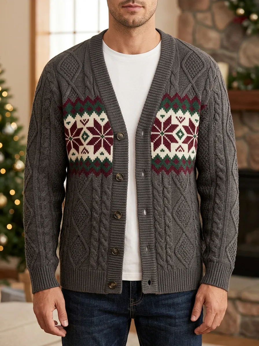 Snowflake Cable Knit V Neck Cardigan