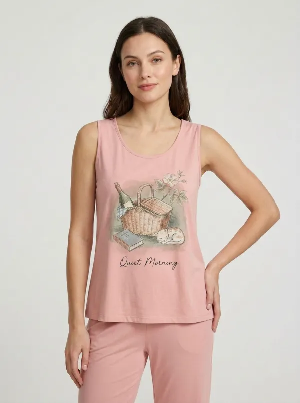 Women's Quiet Morning Picnic Cat Wine Printed Tank Top