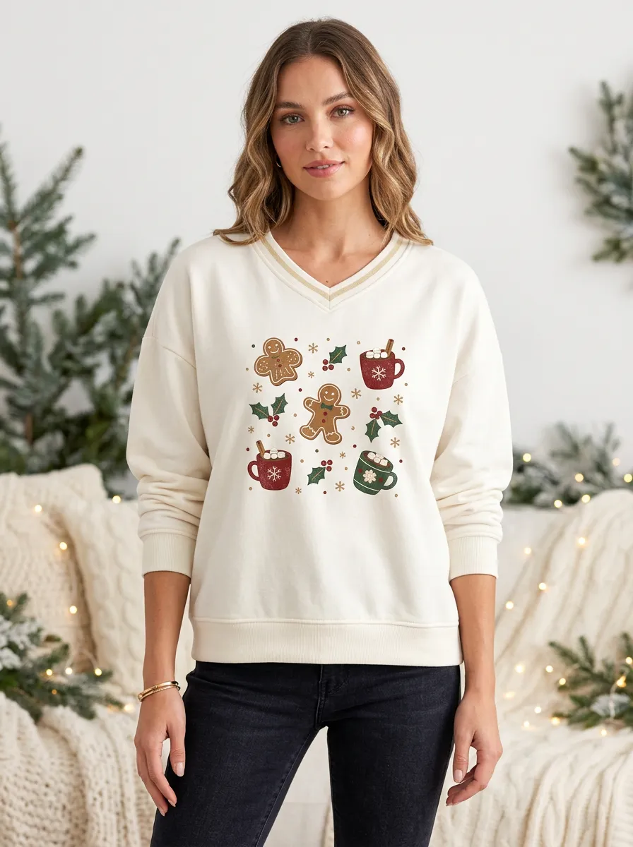 Festive Christmas Gingerbread Cocoa Print Sweatshirt