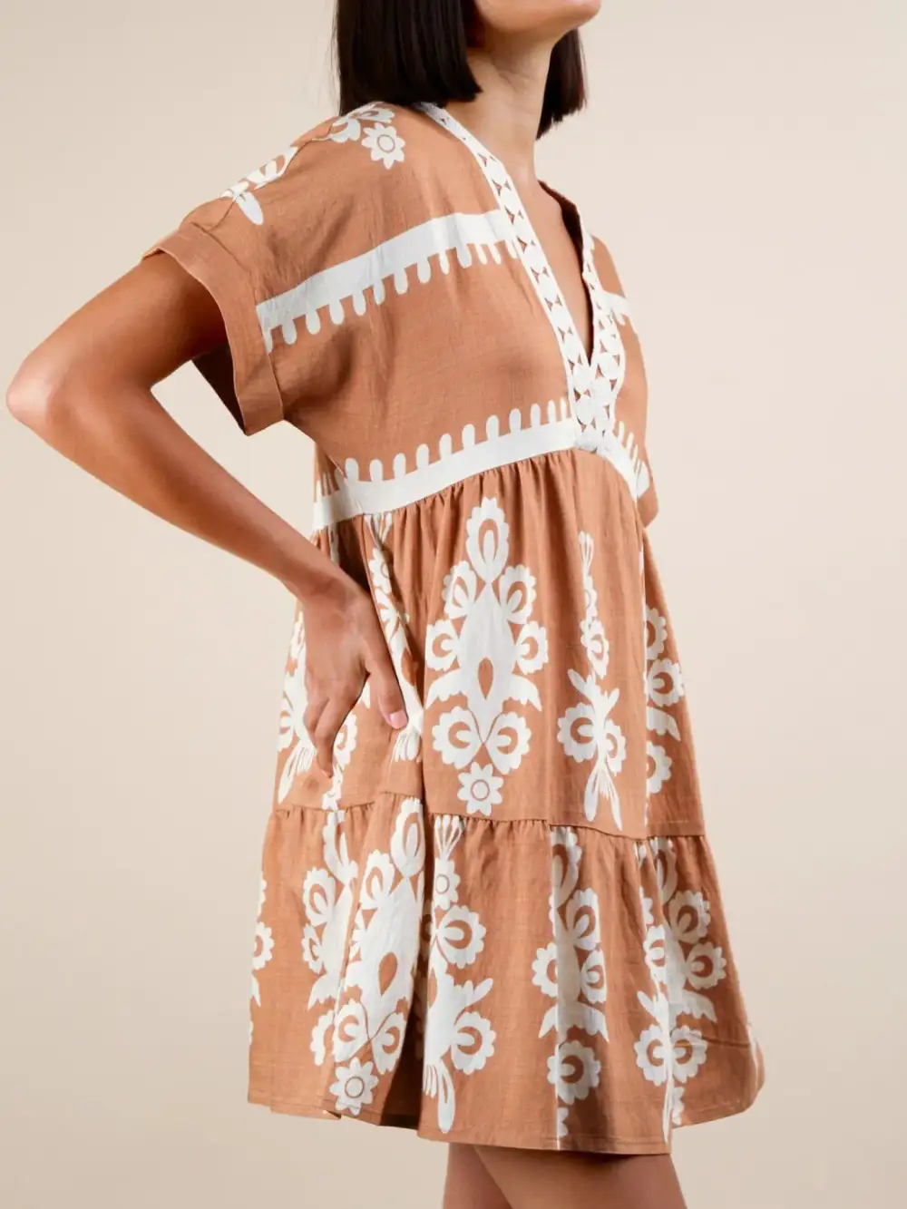 Printed V Neck Short Sleeve Mini Dress