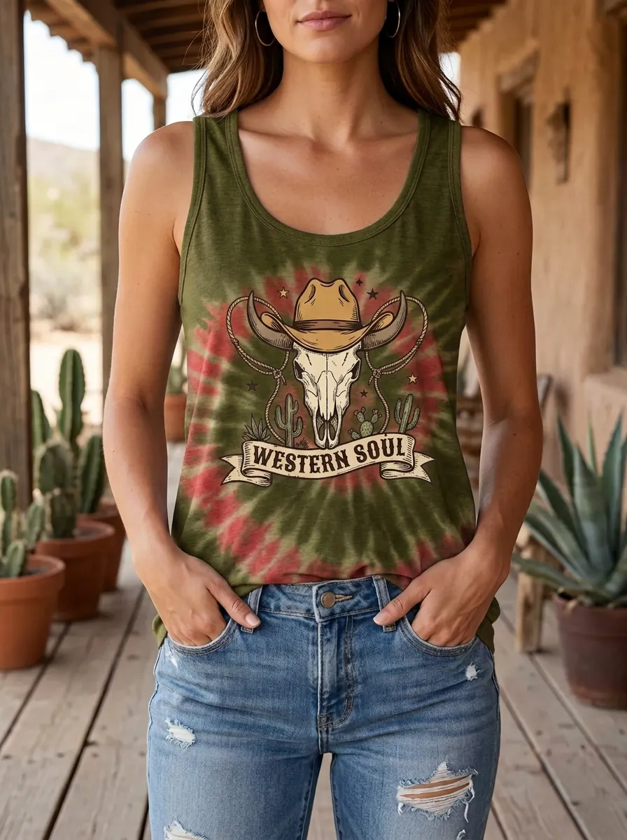 Western Soul Cowboy Skull Cactus Tie Dye Tank Top