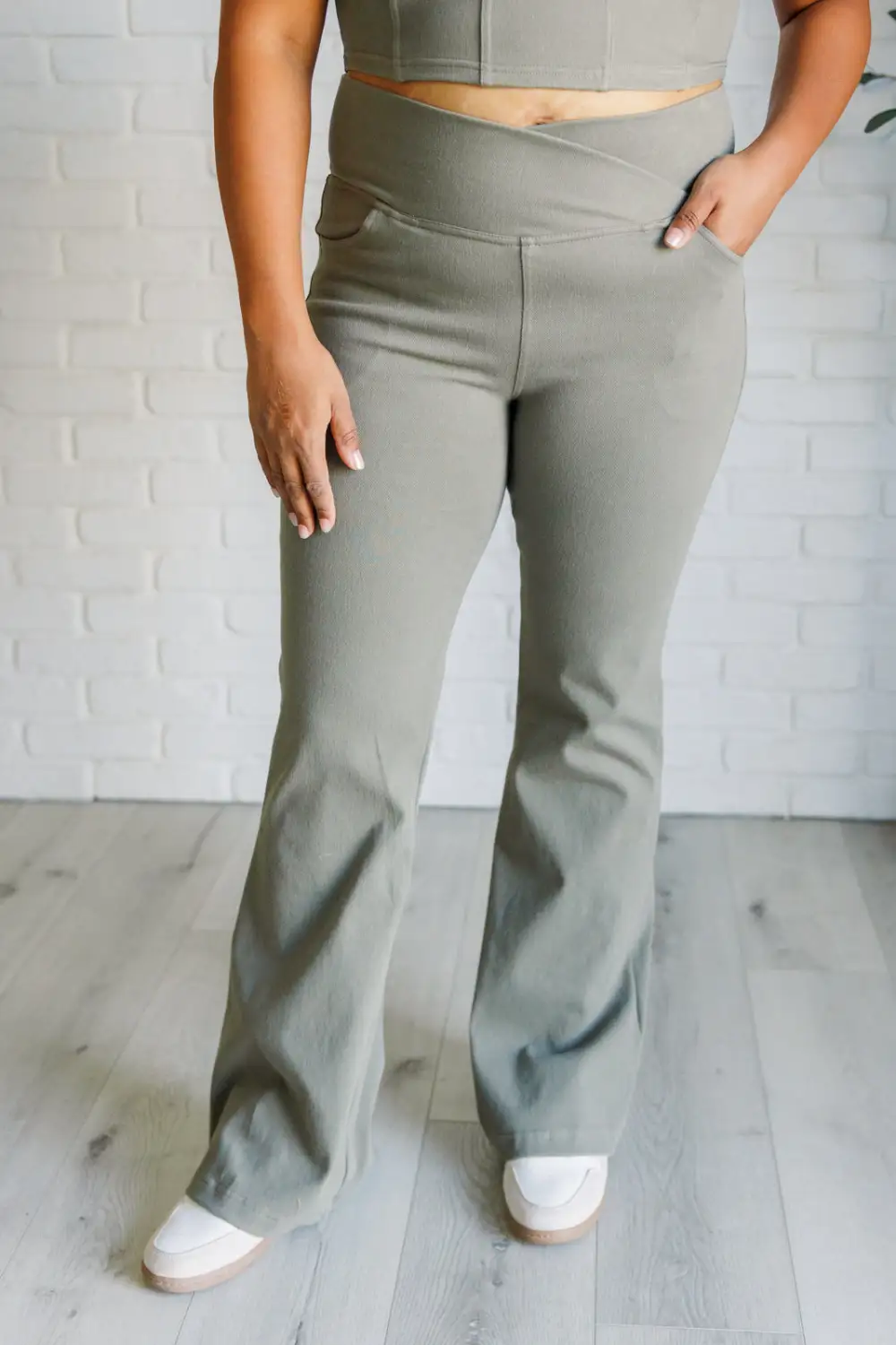 Relaxed Building Habits Twill Flared Crossover Waist Pants In