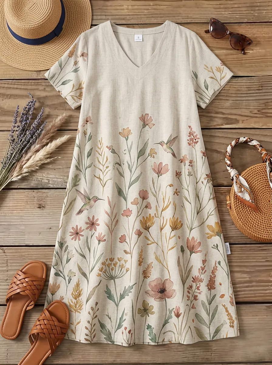 Nature Lover Hummingbird Floral V-Neck Dress
