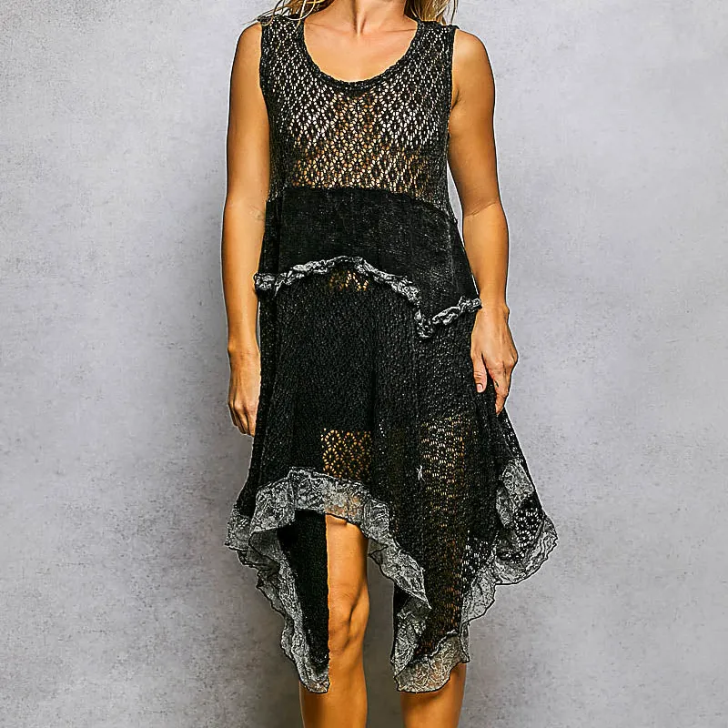 Lace Detail Ruffle Detail Sleeveless Knit Dress