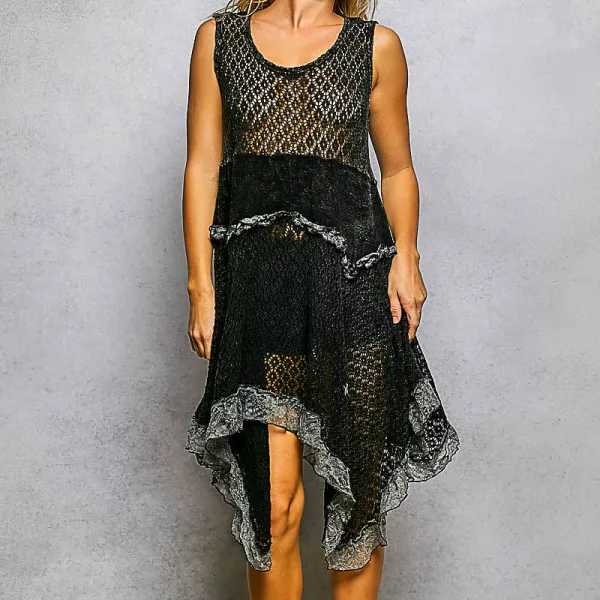 Lace Detail Ruffle Detail Sleeveless Knit Dress