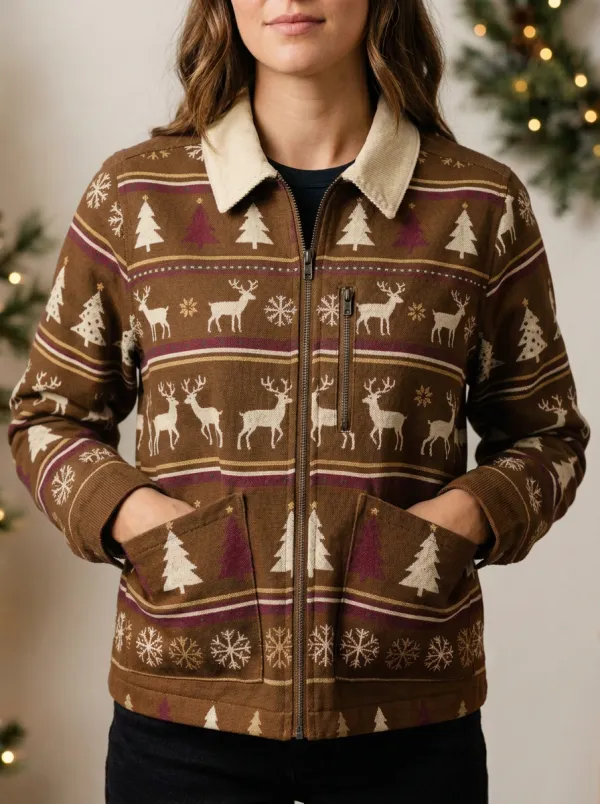 Christmas Reindeer Tree Snowflake Pattern Print Jacket
